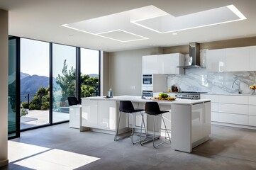 Fototapeta na wymiar modern kitchen interior, White themed kitchen model, AI Generated