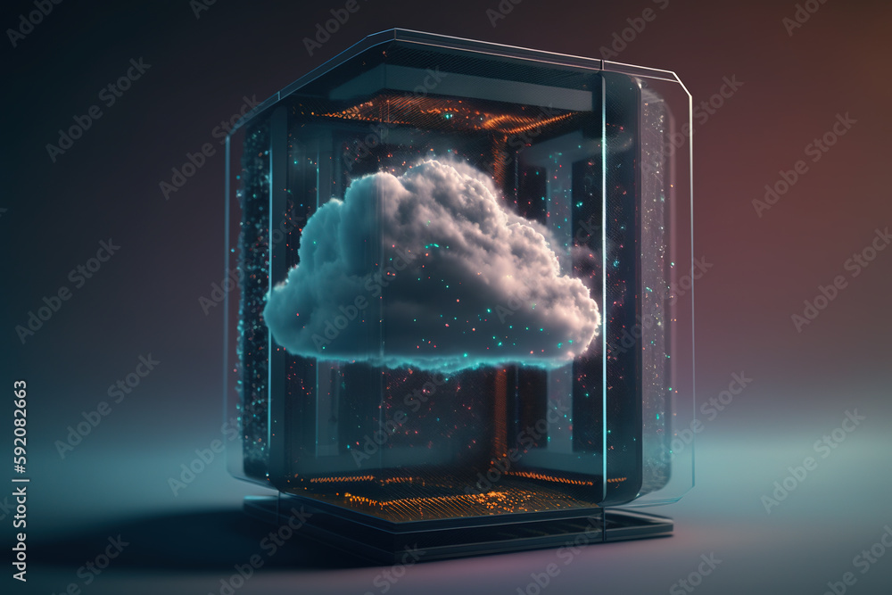 Poster transparent glass with colorful cloud server concept, futuristic digital cloud computing glass box c