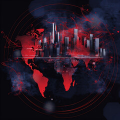 modern urban cities and a red world map in a modern environment. Generative AI