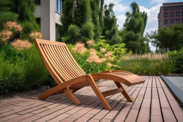 Obraz premium Empty brown wooden deck chair or chaise longue on tile among decorative grass and flowers in recreation area. Garden landscape with chairs in city park. Created with Generative AI