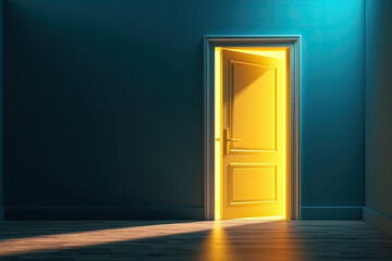 Slightly open yellow door in empty blue room, created with Generative AI.
