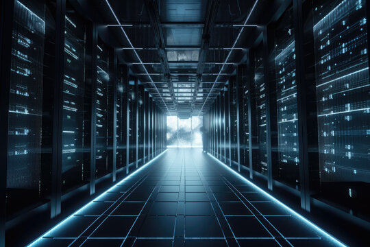 Passway in functioning data center full of rack servers and supercomputers with high level of internet connection created with Generative AI