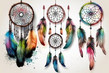 Colorful Display of Dream Catchers Hanging on a Wall. Generative AI - obrazy, fototapety, plakaty