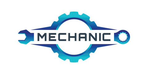 Modern mechanic logo with Gear and wrench logo icon vector Premium Vektor