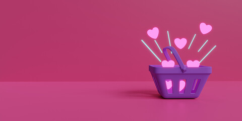 3D illustration of a isolated purple grocery basket with pink neon hearts. Outdoor style framing. Pink background. Valentine's Day Commercial Theme. Romantic shopping, happiness and joy.