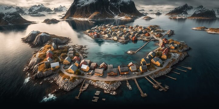 Norway's husoy fishing town, as seen from above, on the island of Senja Generative AI