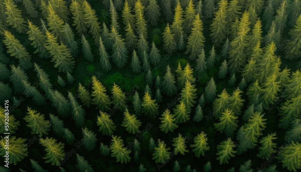 Poster overhead view of a pine tree grove in green and yellow generative ai