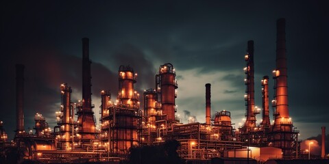 Obraz na płótnie Canvas dramatic image of refinery at night with pipes chimneys and smokestacks illuminated against dark sky, concept of Industrialization and Pollution, created with Generative AI technology