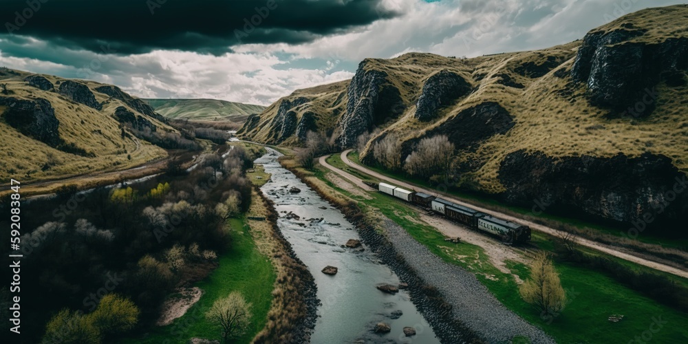 Poster moldavian landscape as seen from above by a drone: a stream running into a ravine, rocky slopes with