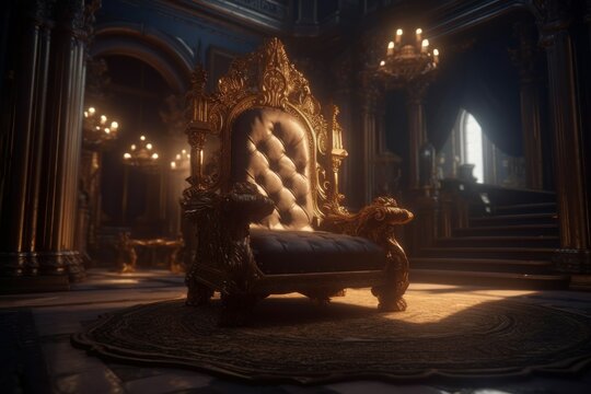 Majestic throne in the castle hall. AI generated, human enhanced