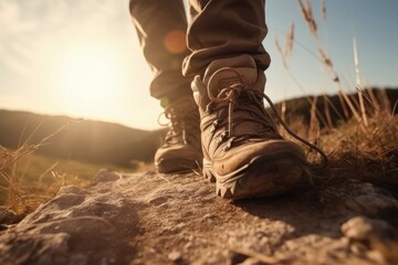 Hiker goes against sky and sun. Hiking concept. AI generated, human enhanced