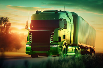 Sun-drenched powerful modern stylish and comfortable green large truck semi-trailer of the latest model of commercial transport for long distances with a shiny chrome grille. High quality illustration