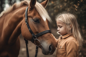 Little blond girl posing with a horse, closeup. Generative AI