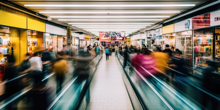 person shopping at busy and bustling department store with bright colors and a fast paced atmosphere creating a sense of excitement and urgency, created with Generative AI technology