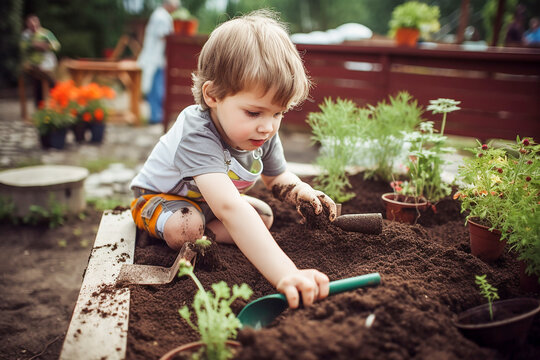 Cute little child planting in the garden. Generative AI