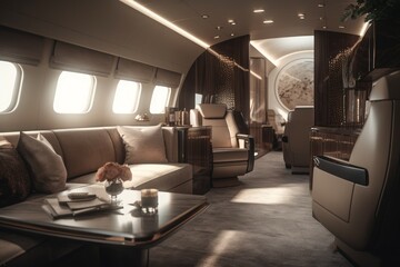 Luxury interior in the modern business jet. Travel concept. AI generated, human enhanced