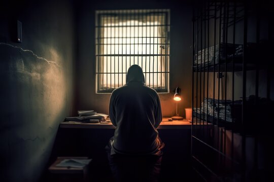 Hacker in prison cell. Selective focus. AI generated, human enhanced