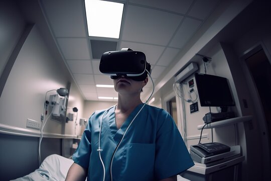 A doctor in a virtual reality simulation glasses makes a surgery opperation. Generative ai