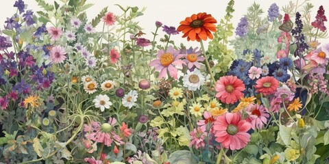 Fototapeta na wymiar watercolor illustration of blooming garden filled with different kinds of flowers, concept of Nature and Floral Art, created with Generative AI technology
