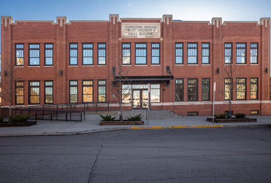 Old red brick building which used to the Pennsylvania Railroad Fruit Auction & Sales Building, in the Strip District in downtown Pittsburgh