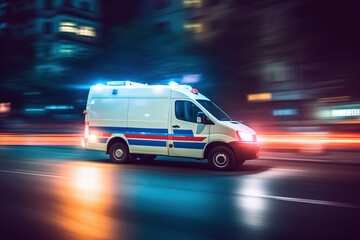 Fototapeta na wymiar an ambulance quickly goes to the victim's call, blurred night street city in motion. Generative Ai