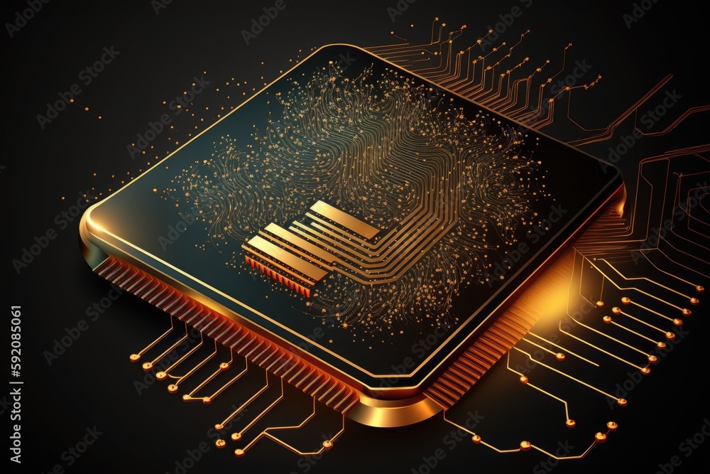 Poster cpu chip placed on a computer motherboard circuit board. generative ai