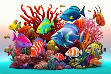 various colorful fish swimming amidst a vibrant coral reef ecosystem. Generative AI