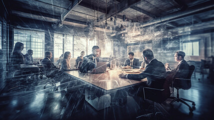 Obraz na płótnie Canvas Business people working together in modern office with double exposure of network interface.generative ai