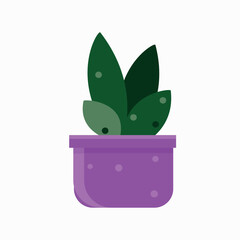 Vector image. Home flower in a pot. Purple pot and flower with green leaves. Plants for the home