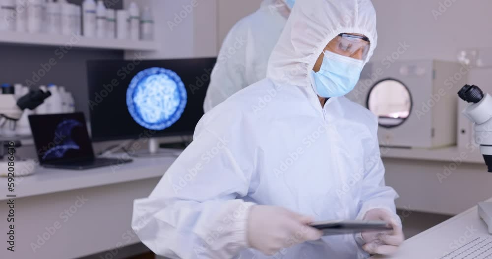 Aufkleber Scientist team in laboratory, PPE and typing at computer, science study for medical research collaboration. People work together, data analysis with microscope and test results on tablet with biotech