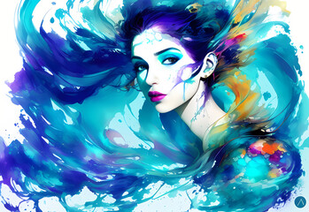 Fototapeta premium abstract colorful underwater ink art of a beautiful woman, romantic lighting, generative ai generativ ki, digital painting, watercolor, aquarelle