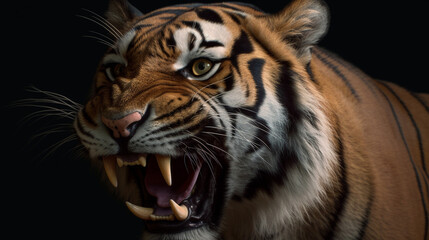 Fototapeta na wymiar Close up of a tiger with open mouth on a black background.generative ai