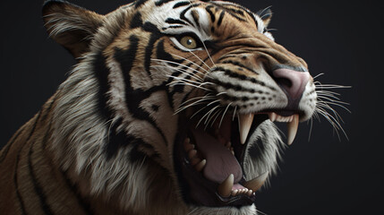 Close up of a tiger with open mouth on a black background.generative ai
