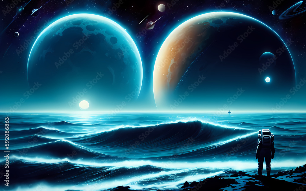 Canvas Prints lost astronaut in the ocean on an alien planet, displaying in the background the moon & other planet