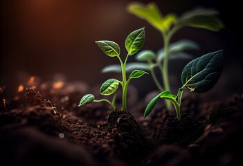 Naklejka na ściany i meble Little green seedlings growing in fertile soil against blurred background. Generative AI