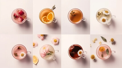 Collage of glasses of different kinds of tea with flowers on white background.generative ai