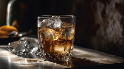 A glass of whiskey with ice cubes on a wooden table.generative ai