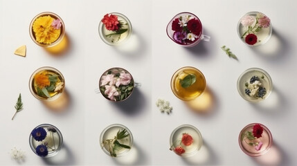 Obraz na płótnie Canvas Collage of glasses of different kinds of tea with flowers on white background.generative ai