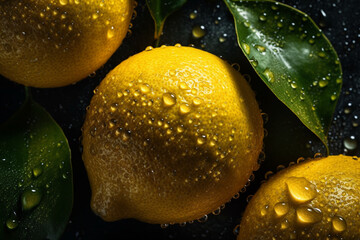 Fototapeta na wymiar Fresh lemon background, adorned with glistening droplets of water. Top down view. Soft shadows. Generative AI