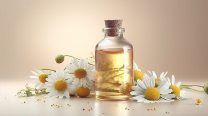 Obraz na płótnie Canvas Chamomile essential oil in a glass bottle with fresh chamomile flowers.generative ai