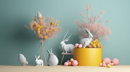 Easter decoration with rabbit and eggs on pastel background.generative ai