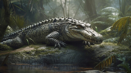 Fototapeta premium Crocodile in the rainforest. Tropical crocodile.generative ai