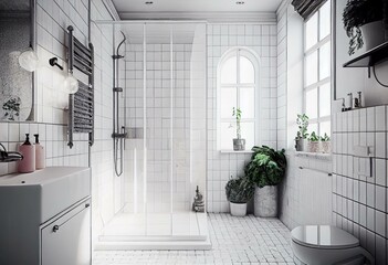 white bathroom with tile floor and shower cabin. Generative AI