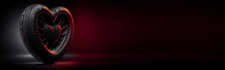 Heart shaped car tire. Tire in the shape of heart. Road safety concept Banner , copy space. Generative AI.