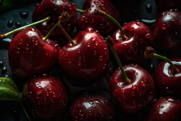 Fototapeta na wymiar Fresh cherries background, adorned with glistening droplets of water. Top down view. Soft shadows. Generative AI