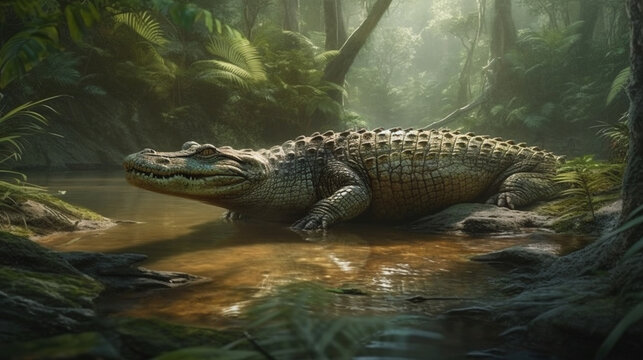 Crocodile in the rainforest. Tropical crocodile.generative ai