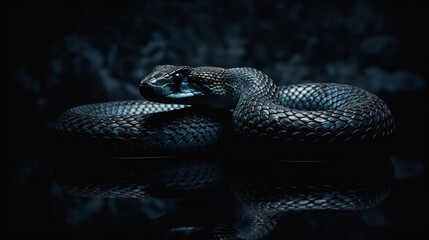 Image of snake on black background with water drops.generative ai