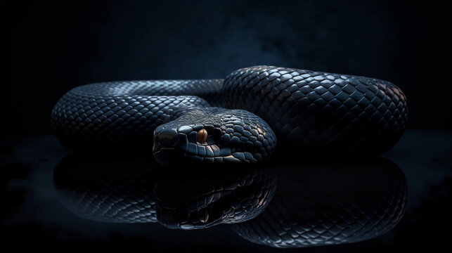 Image of snake on black background with water drops.generative ai