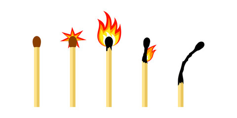 Match stick with fire, ignite flame match, lit sulphur, vector set isolated on white background. Simple illustration