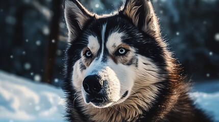 Obraz premium Portrait of a beautiful Siberian Husky dog in winter forest.generative ai
